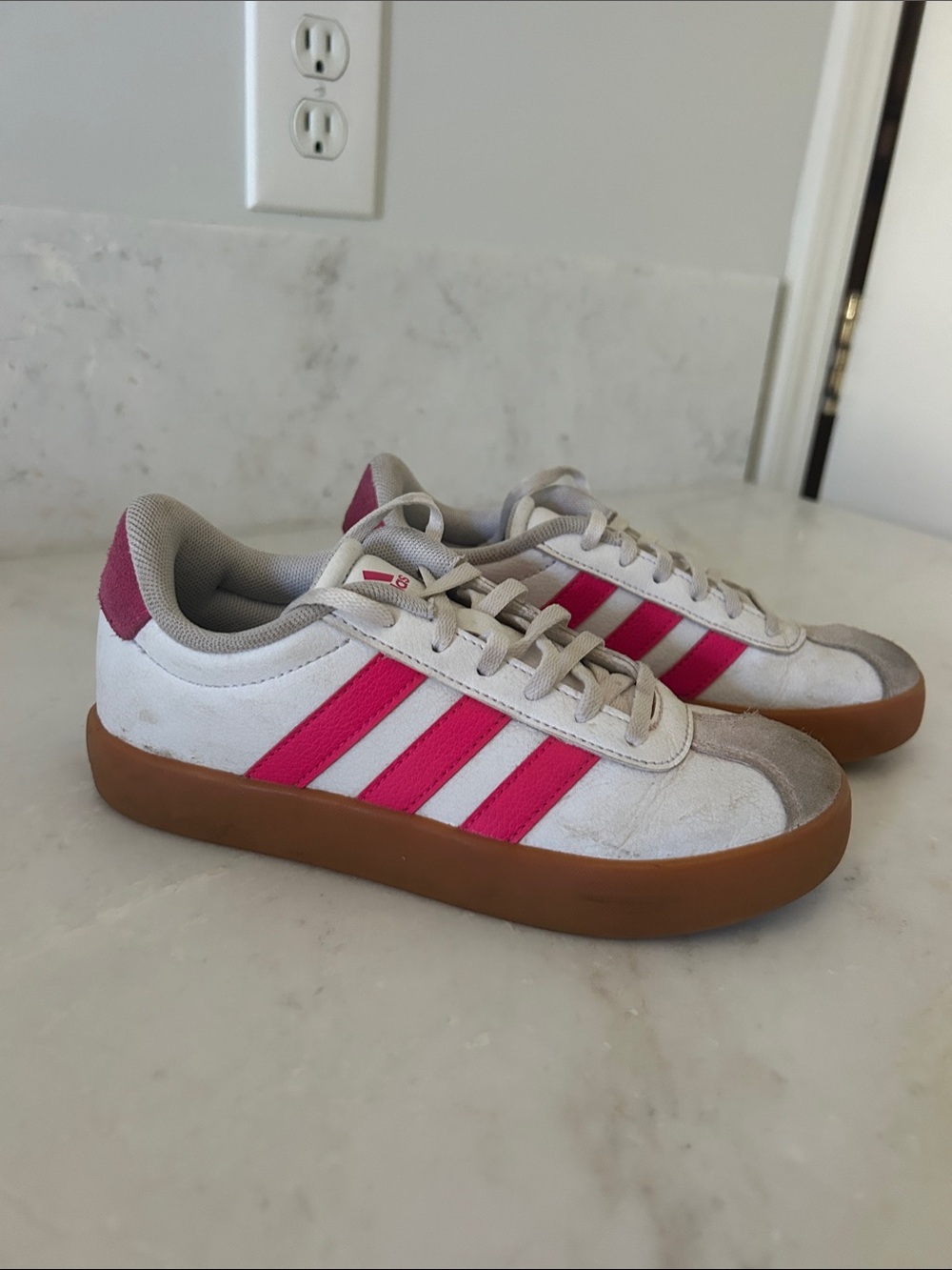 adidas White Sneakers with Pink Stripes and Gum Sole